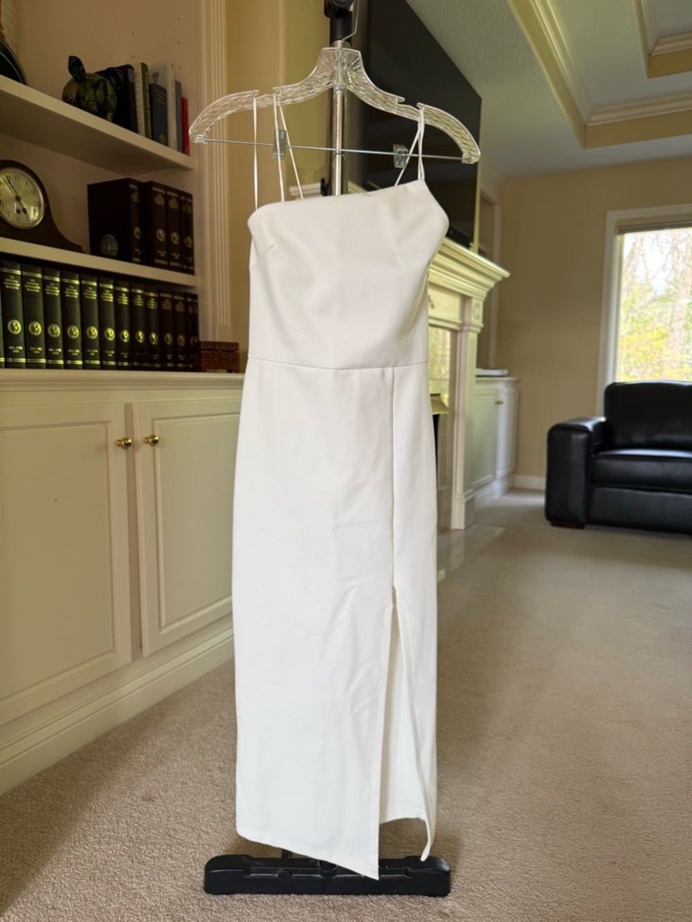 White strapless maxi dress with slit